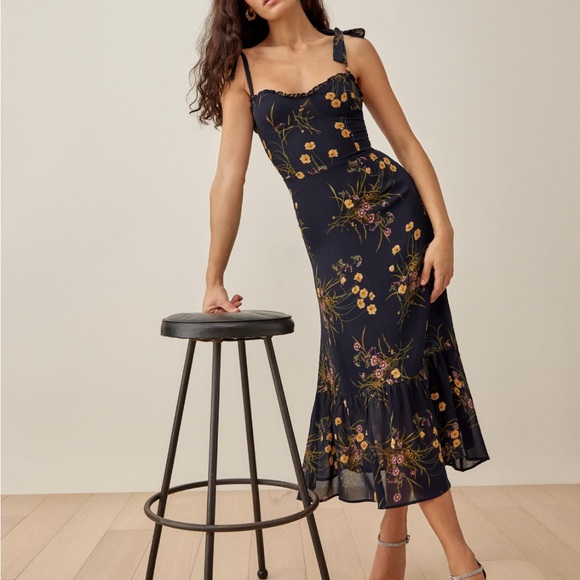 Reformation Nikita Navy Floral Midi Dress - Picture 1 of 3